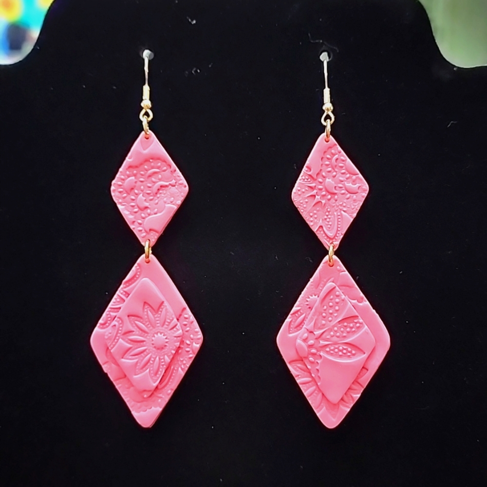Pink Clay Polymer Diamond Shaped Flower Design Earrings